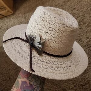 White Lace Hat with Feather Accent
